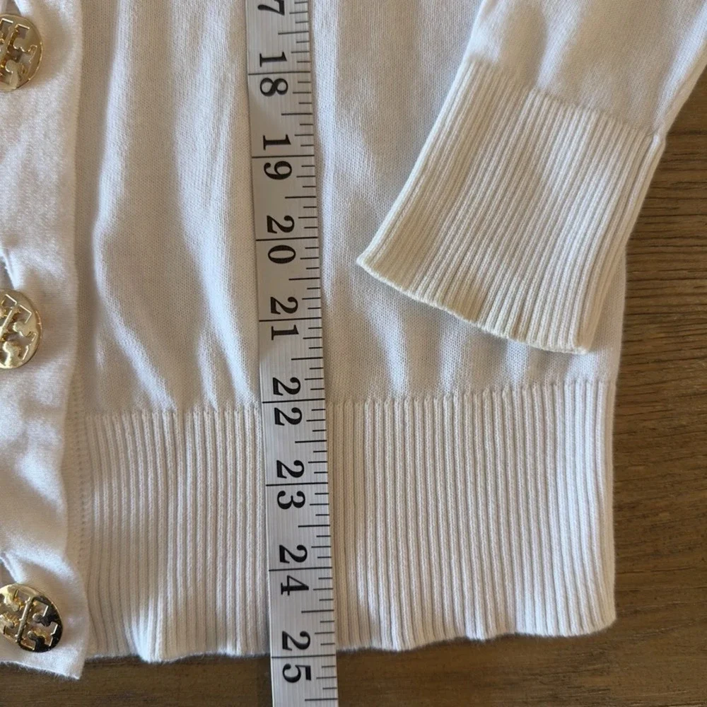 TORY BURCH Simone Cardigan 100% Cotton-White-Gold Logo Button-Lightweight-Sz XS